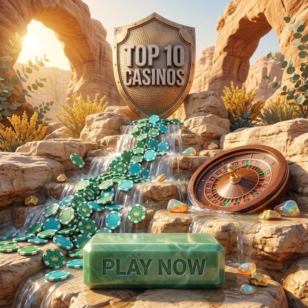 Desert canyon with a chip waterfall, bronze Top 10 Casinos shield, roulette wheel and Play Now stone